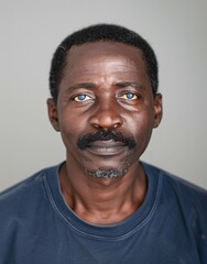 Obraz premium ID Photo for Passport : African adult man with straight short black hair and blue eyes, thick mustache, without glasses and wearing a navy t-shirt