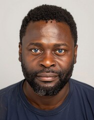 ID Photo for Passport : African adult man with straight short black hair and blue eyes, medium beard, with glasses and wearing a navy t-shirt