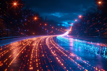 Obraz premium The pulsating glow of radiant lights creates an alluring path along a curvy road against the night sky, evoking curiosity