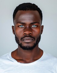 ID Photo for Passport : African adult man with straight short black hair and blue eyes, short beard, without glasses and wearing a white t-shirt