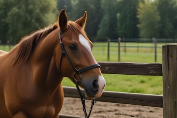 Fototapeta premium Two brown horses with bridles in a field and brown fence, closeup