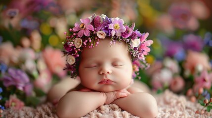 Serene newborn baby sleeps with hands under chin, adorned with a beautiful floral headband