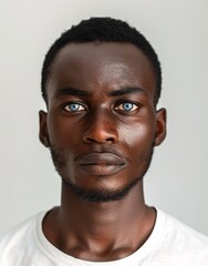 Obraz premium ID Photo for Passport : African adult man with straight short black hair and blue eyes, short beard, without glasses and wearing a white t-shirt