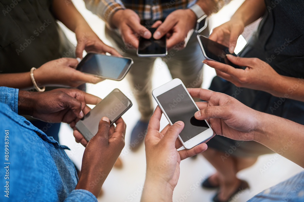 Aufkleber Phone, hands and group of friends in circle networking online for email, social media or internet. Technology, typing and team of people with cellphone screen for text message on website from above.