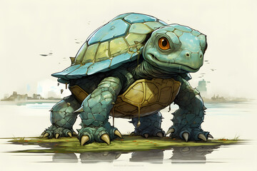 illustrated vintage style turtle, animated turte, illustration of a sweet turtle