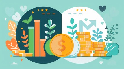 Artistic representation of economic prosperity featuring rising bar graphs, coins, plants, and a growth chart, symbolizing financial success.