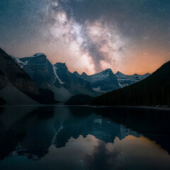 Space above mountains, water reflection