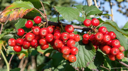 In the summer, viburnum red berries are ripening among the foliage