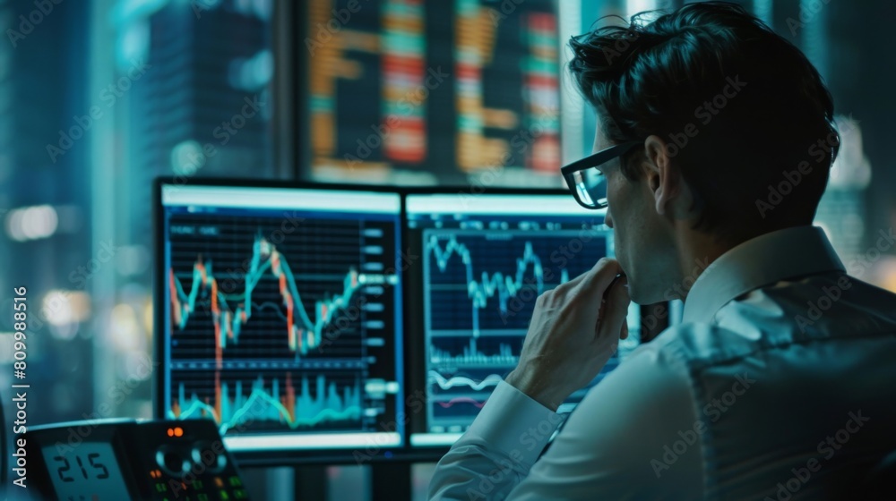 Poster A man analyses financial data on multiple computer screens in a dimly lit office.