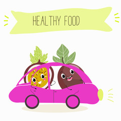 Cute passion fruit characters, funny fruits, funny berry with different activities. Flat vector illustration. Organic food, healthy food, illustrations for kids menu, invitations.