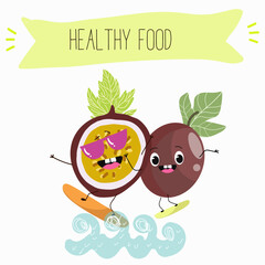 Cute passion fruit characters, funny fruits, funny berry with different activities. Flat vector illustration. Organic food, healthy food, illustrations for kids menu, invitations.
