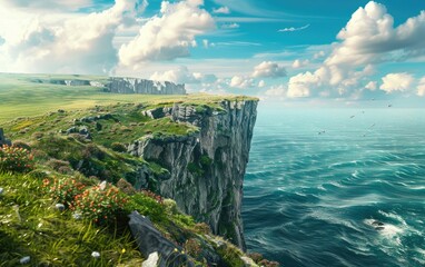 Naklejka premium Majestic sea cliffs overlooking a vast ocean, lush green fields stretch beyond.