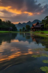 Obraz premium Landscape of lake and wooden house with dramatic sky at sunset generated by ai