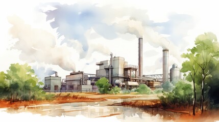 The factory is located in a rural area. The factory is surrounded by trees and a river. The factory is emitting smoke into the air.
