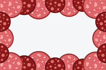Fototapeta premium Slices of salami sausage border. Frame of Salame Meat delicatessen gastronomic product. National Salami Day