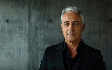 Mature man with gray hair in a dark blazer against a concrete backdrop.