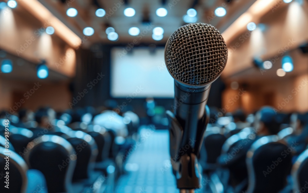 Wall mural microphone aimed at a blurred audience in a conference room.