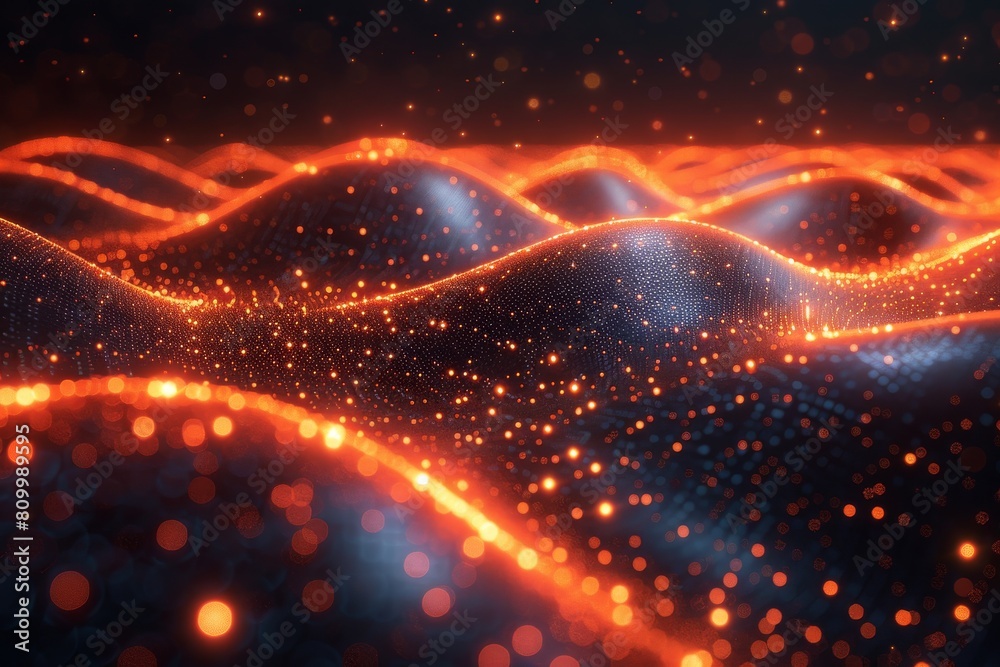 Poster this image captures a dynamic flow of orange glowing particles creating a wave in a digital, futuris