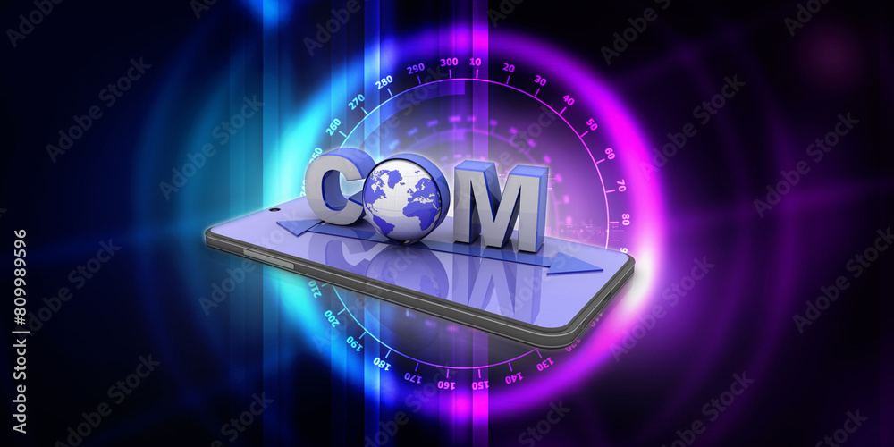 Poster 3d rendering word dot com in mobile phone connecting mouse