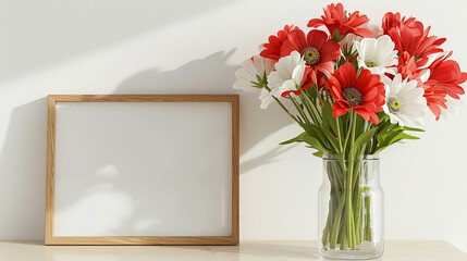 Sunny disposition with a blank picture frame and striking red and white flowers in a glass vase, brightening up the room with their vibrant colors.