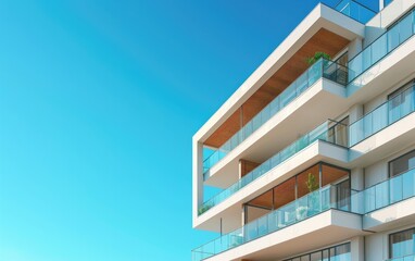 Modern apartment building with balconies and clear blue sky.