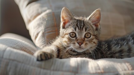 Adorable tabby kitten with captivating eyes cozily nestled in a sofa cushion