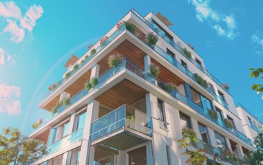 Modern apartment building with balconies and clear blue sky.