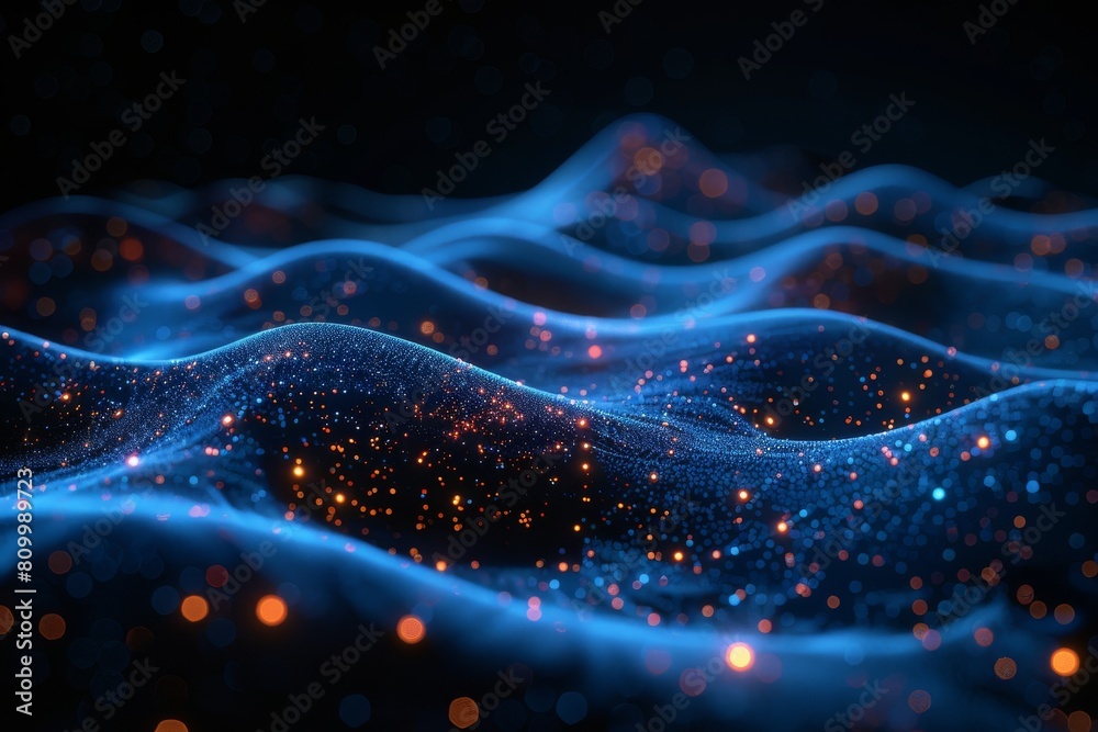 Poster dark background enhanced with striking blue waves comprised of particles, creating a serene yet powe