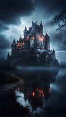 Castle on the lake at night. Fairytale landscape. 3D rendering generated by ai