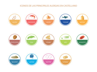 The image is a collection of circles of different colors, each one with a symbol representing the different food allergies. Text in Spanish. 