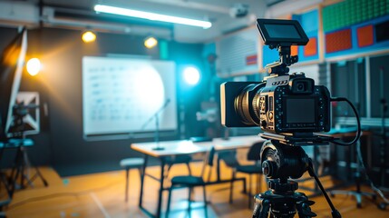 Professional video camera equipment, like a camcorder on a tripod for filming events or interviews for television broadcast