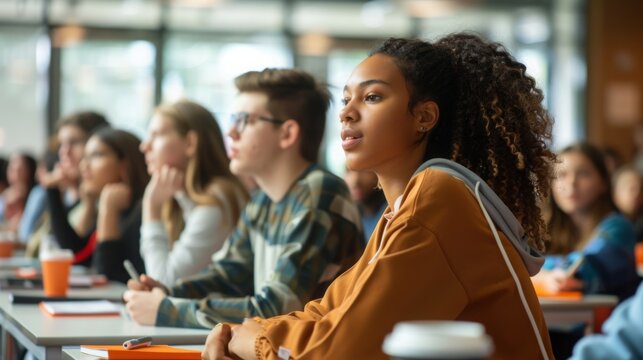 A group of diverse individuals sitting at individual desks in a bright classroom, engaged in learning activities and listening to the instructor.