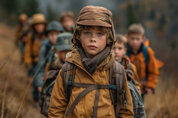 Fototapeta premium Young boy in vintage hiking gear leading a group of peers through an autumn landscape