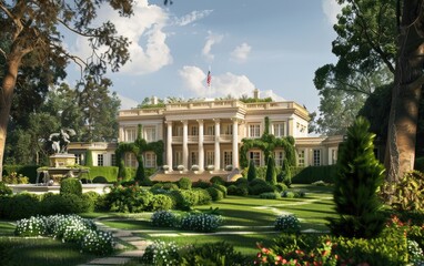 Neoclassical mansion with lush gardens and flag atop.