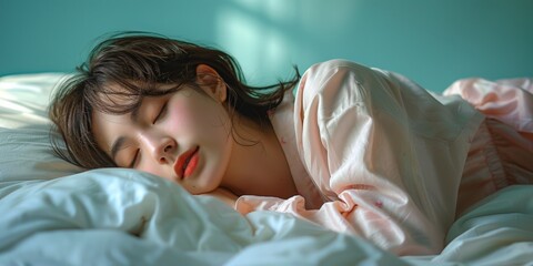 A pretty, sensual Asian woman peacefully sleeps in a morning bedroom.