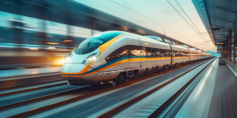 Electricity powers the high-speed train as it travels rapidly along the railway, facilitating efficient commute.