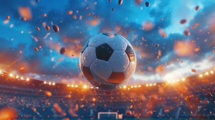 A dramatic photo of a soccer ball flying through the air during a match.