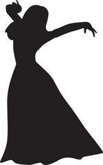 Silhouette of woman with long hair in ball gown. Detailed black silhouette of a woman with long hair in ball gown illustration.