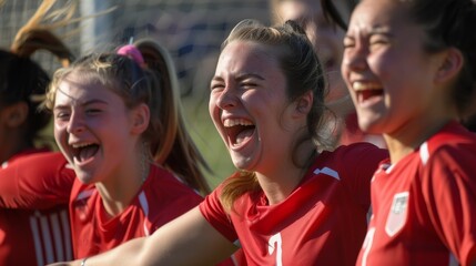A group of young women in red and white soccer uniforms are celebrating together