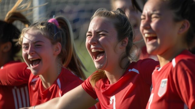 A group of young women in red and white soccer uniforms are celebrating together