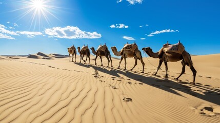 A fitting name for this image could be: Camels Journeying through the Desert Dunes