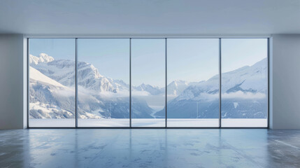 Panoramic window overlooking a snowy mountain valley