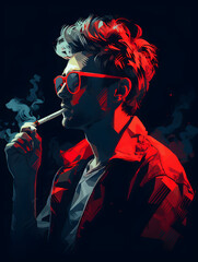 illustrated vintage style man smoking a cigarette, smoking illustration, vintage style smoker, cool dude smoking