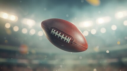 Closeup of an American football floating in the air with a blurred out stadium in the background.