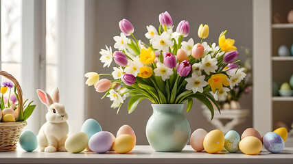 Home interior with easter decor. Spring flowers in a vase and easter eggs on a light background