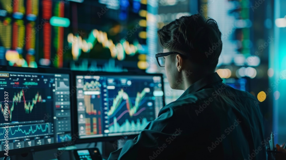 Poster A focused professional examines complex financial charts on multiple computer screens in a dark office setting.