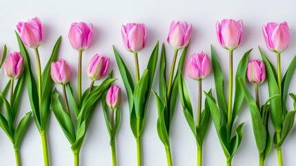   A row of pink tulips is arranged on a white background, their green stems prominent in the foreground