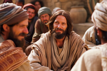 Obraz premium Jesus speaking to his disciples in an ancient middle eastern setting.