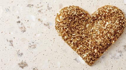   A gold heart ornament, shaped like a heart, sits atop a pristine white countertop, next to a steaming cup of coffee