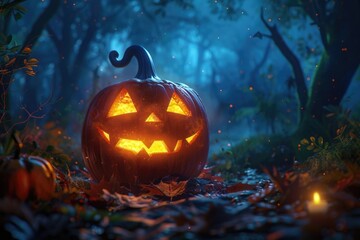 Fototapeta premium A spooky Halloween pumpkin in a mysterious forest. Perfect for Halloween-themed designs